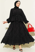 2 Piece Set with Lace-Up Embroidered Skirt, Black
