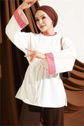 White Tunic with Drawstring and Striped Trim