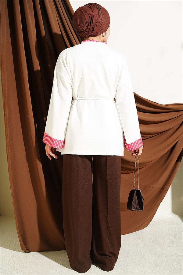 White Tunic with Drawstring and Striped Trim