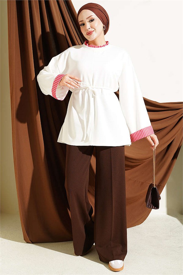 White Tunic with Drawstring and Striped Trim