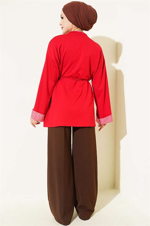 Red Tunic with Drawstring Trim and Striped Detail