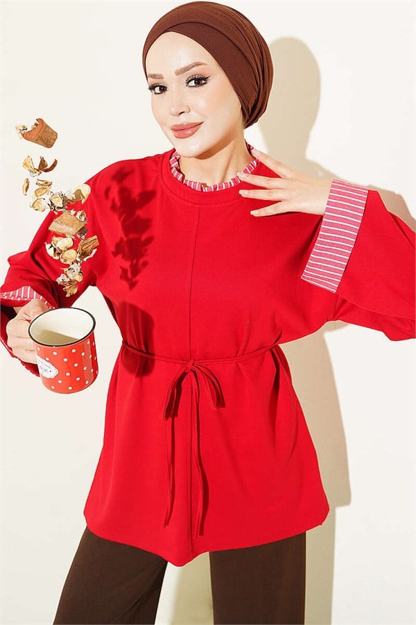 Red Tunic with Drawstring Trim and Striped Detail
