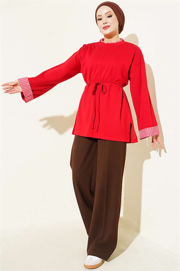 Red Tunic with Drawstring Trim and Striped Detail