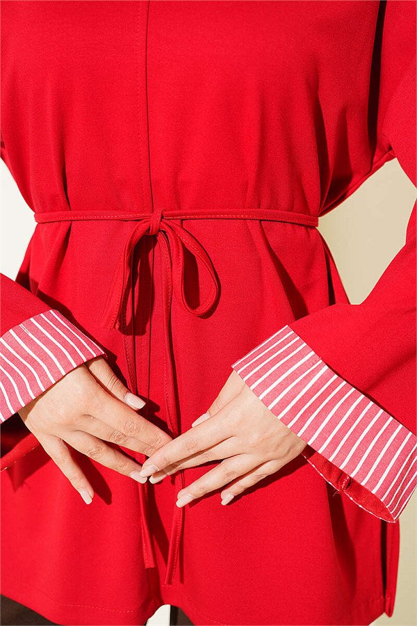 Red Tunic with Drawstring Trim and Striped Detail