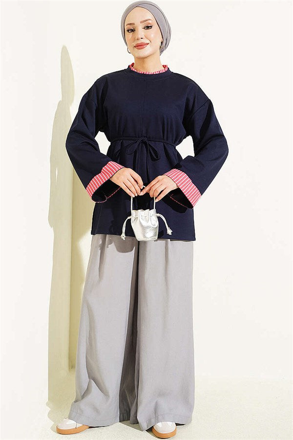 Navy Blue Tunic with Drawstring Trim and Striped Detail