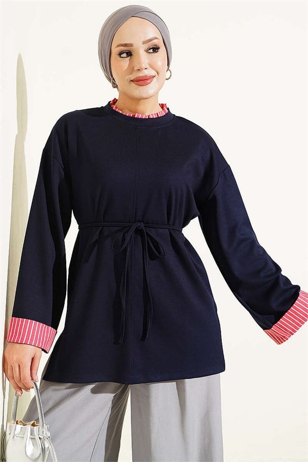 Navy Blue Tunic with Drawstring Trim and Striped Detail