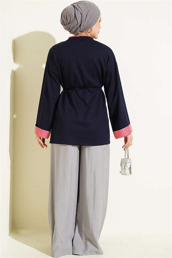 Navy Blue Tunic with Drawstring Trim and Striped Detail