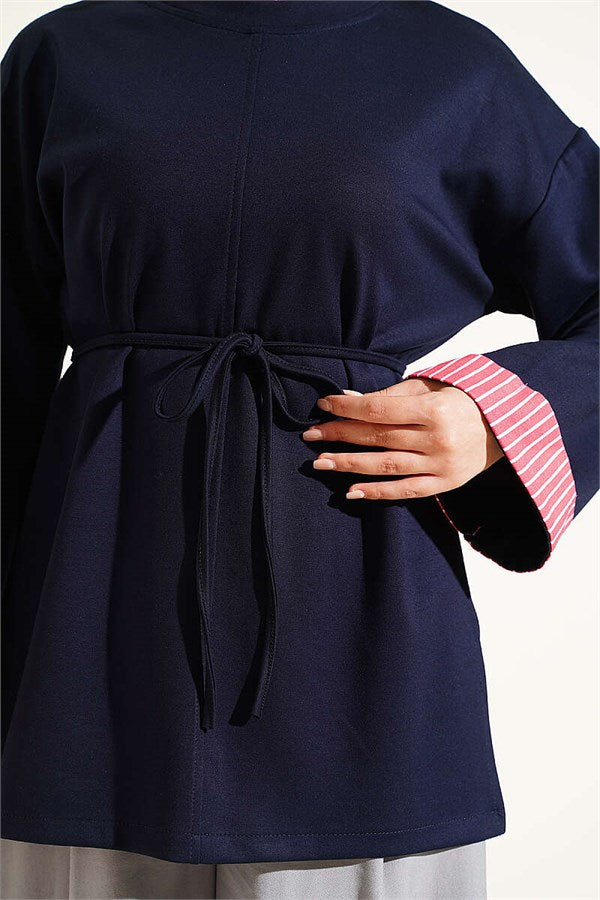 Navy Blue Tunic with Drawstring Trim and Striped Detail