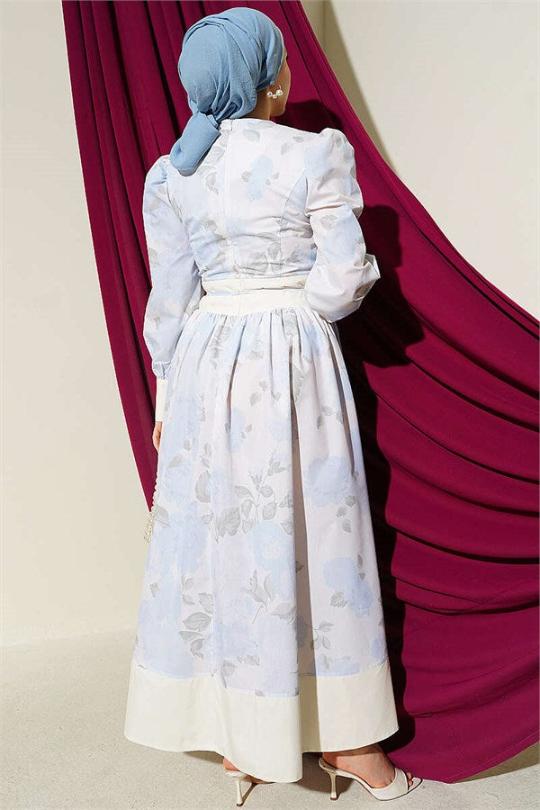 Strappy Patterned Balloon Sleeve Dress, Blue