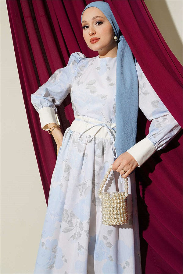 Strappy Patterned Balloon Sleeve Dress, Blue