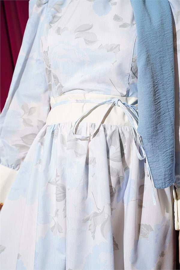 Strappy Patterned Balloon Sleeve Dress, Blue