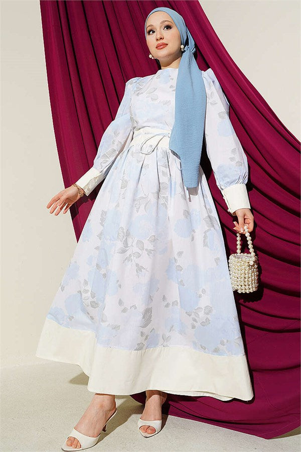 Strappy Patterned Balloon Sleeve Dress, Blue