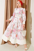 Patterned Balloon Sleeve Dress with Tie-Up Detail, Orange