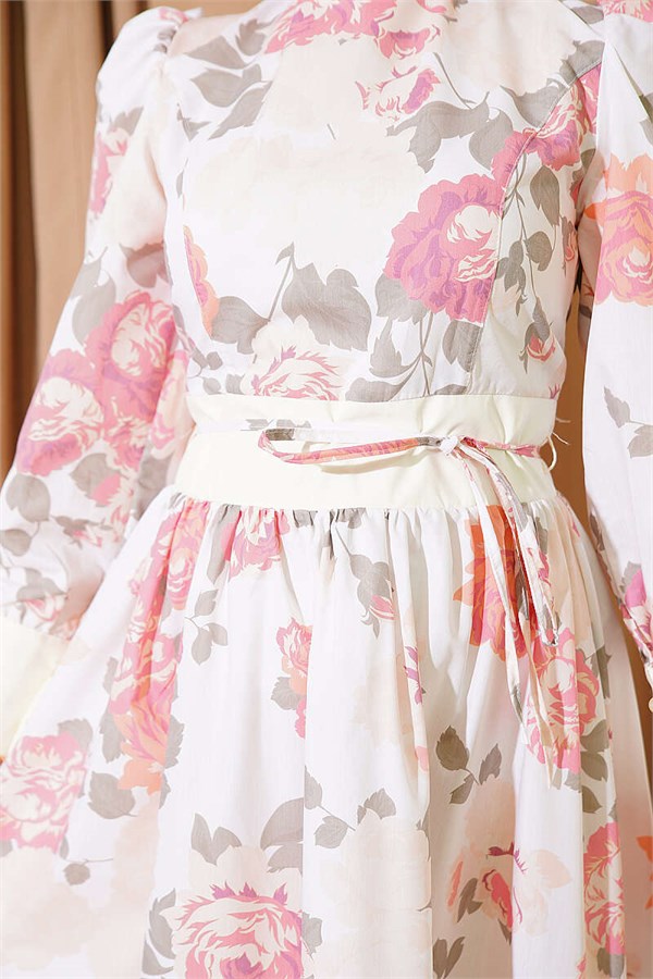 Patterned Balloon Sleeve Dress with Tie-Up Detail, Orange