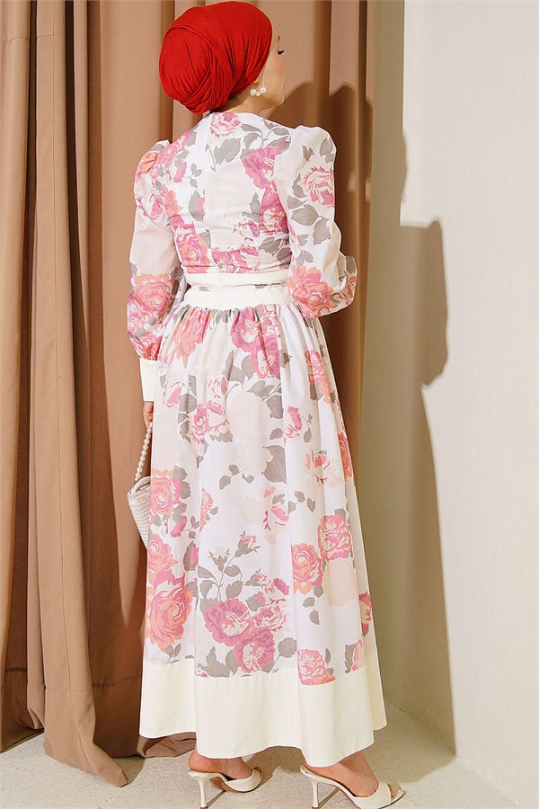 Patterned Balloon Sleeve Dress with Tie-Up Detail, Orange