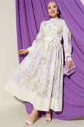 Yellow Patterned Balloon Sleeve Dress with Strappy Neckline