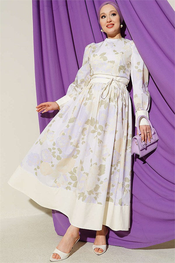 Yellow Patterned Balloon Sleeve Dress with Strappy Neckline