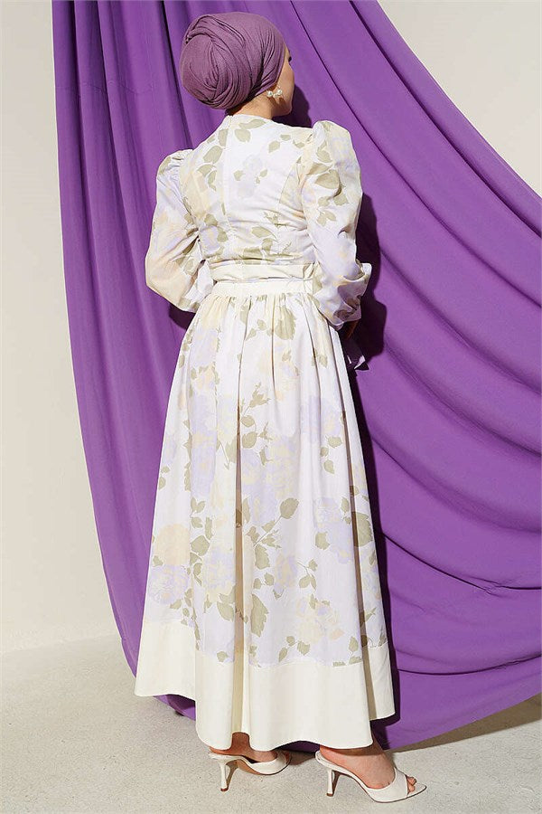 Yellow Patterned Balloon Sleeve Dress with Strappy Neckline