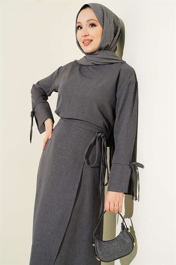 Basic 2 Piece Set with Drawstring Skirt, Smoke Grey