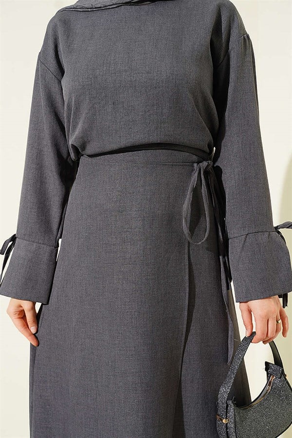Basic 2 Piece Set with Drawstring Skirt, Smoke Grey