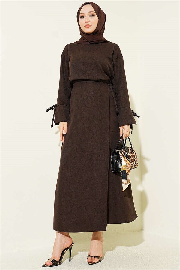 Basic 2 Piece Set with Drawstring Skirt in Coffee Brown