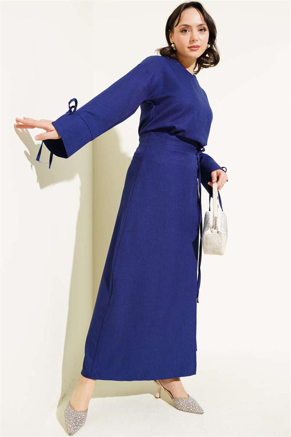 Basic 2 Piece Set with a Tied Skirt, Navy Blue