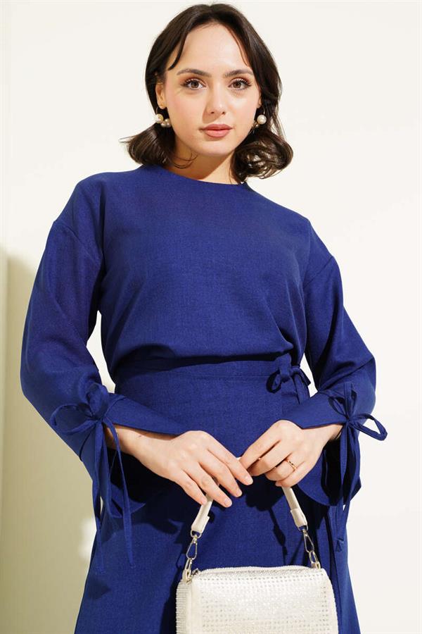 Basic 2 Piece Set with a Tied Skirt, Navy Blue
