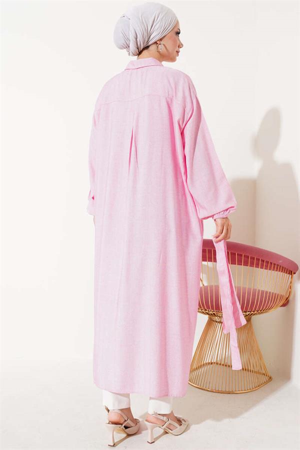  Rope Tied Front Buttoned Long Tunic Fuchsia