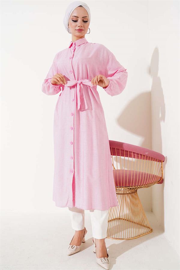  Rope Tied Front Buttoned Long Tunic Fuchsia