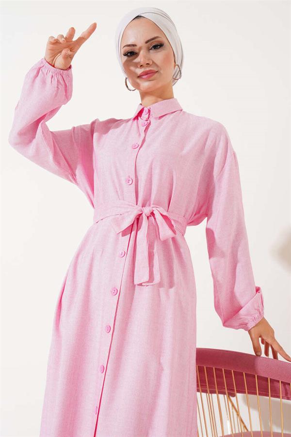  Rope Tied Front Buttoned Long Tunic Fuchsia
