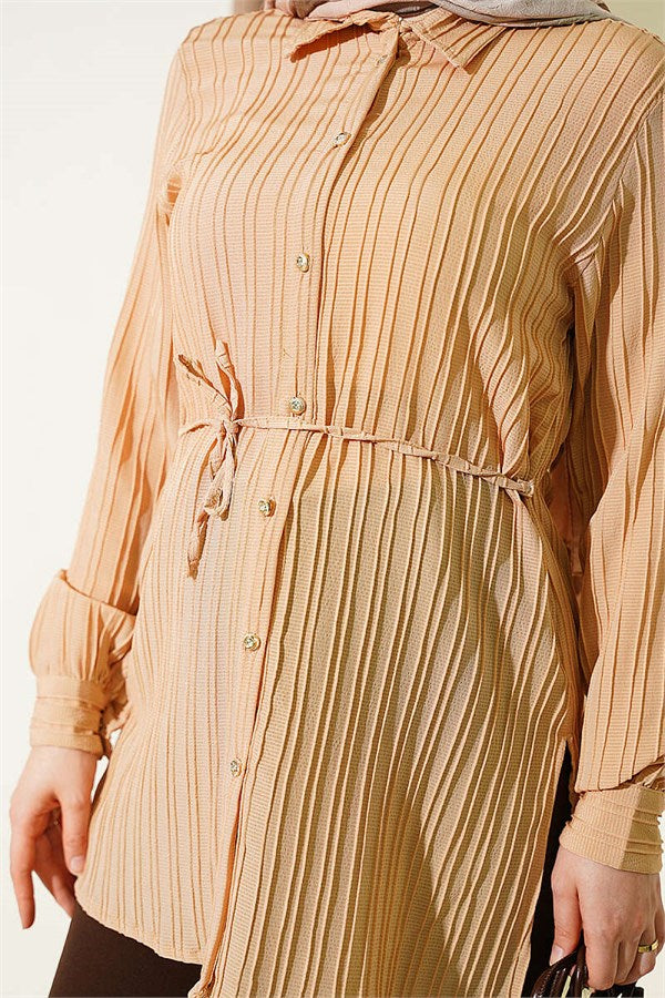 Lace-up Stone Button Shirt Latte