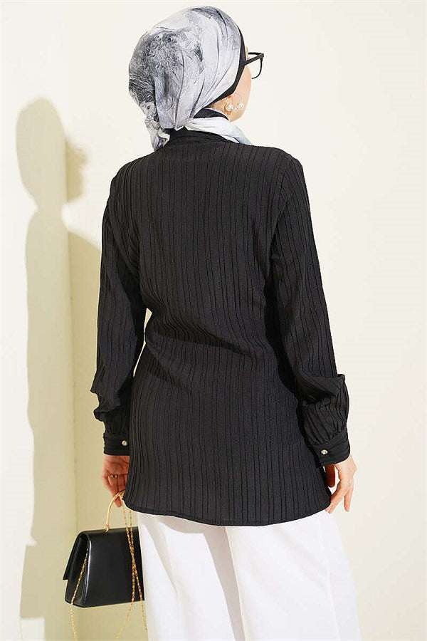 Black Shirt with Drawstring and Stone Buttons