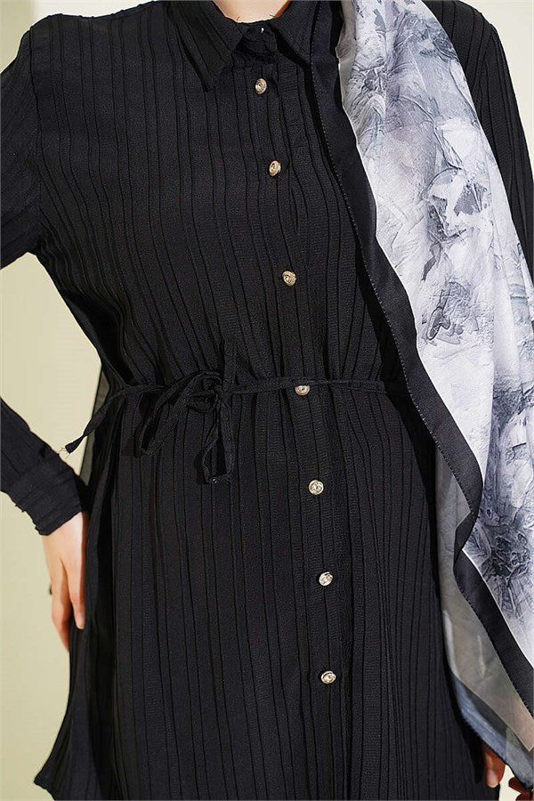 Black Shirt with Drawstring and Stone Buttons