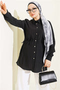 Black Shirt with Drawstring and Stone Buttons