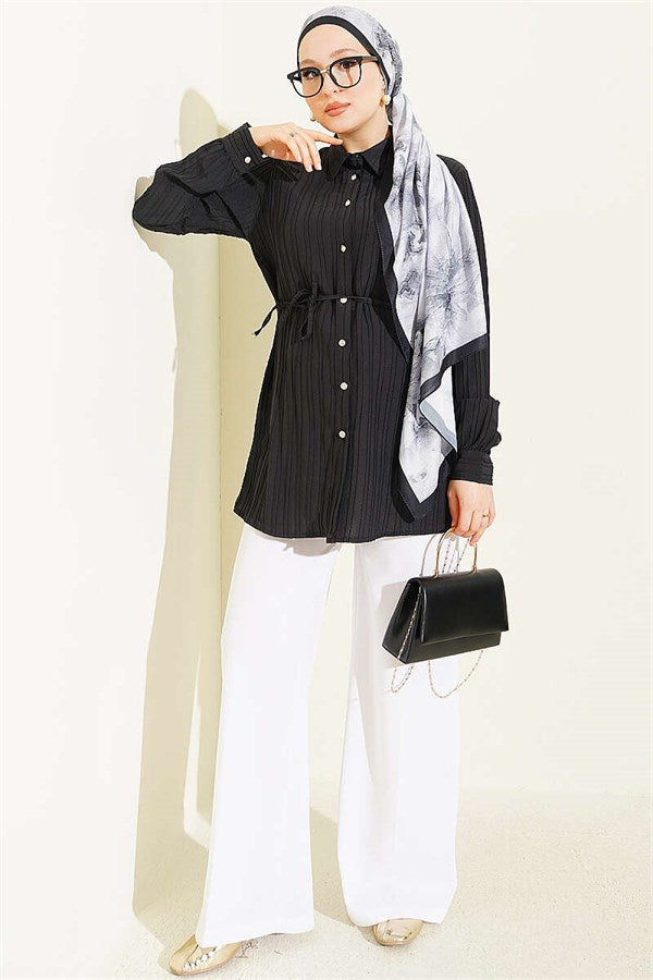 Black Shirt with Drawstring and Stone Buttons