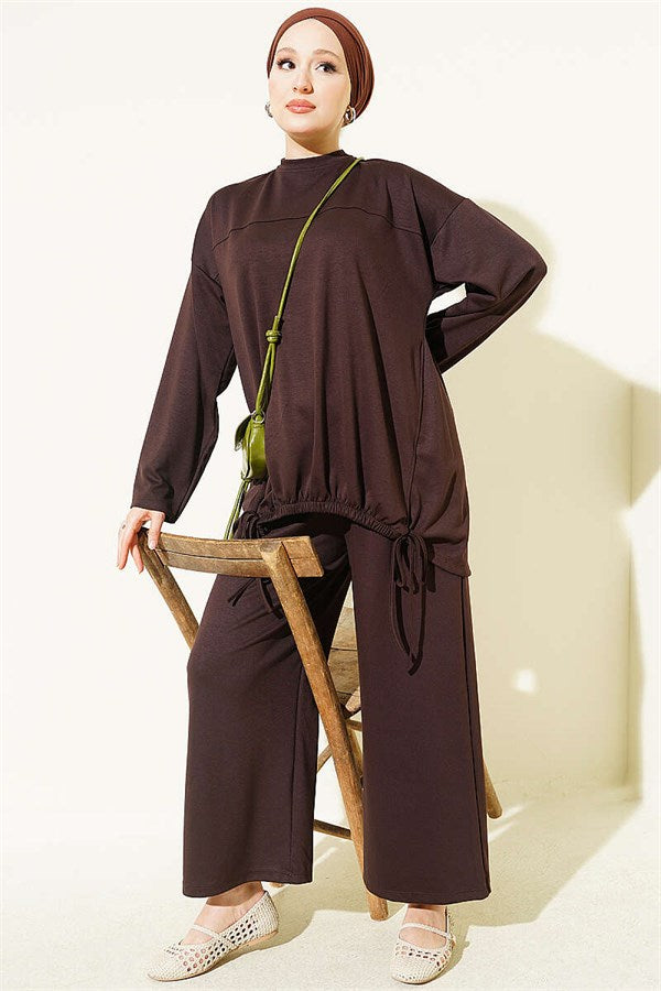 Drawstring Two-Piece Set in Coffee Brown