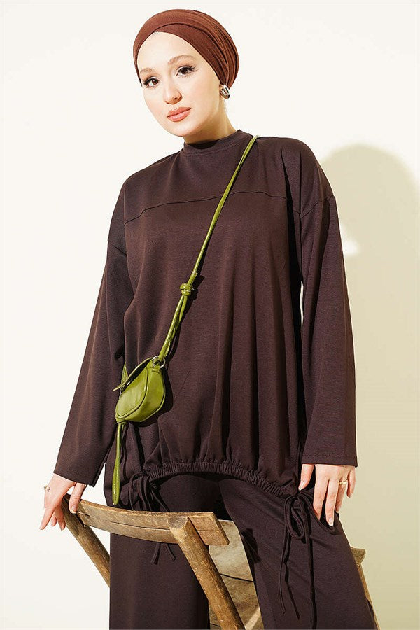 Drawstring Two-Piece Set in Coffee Brown