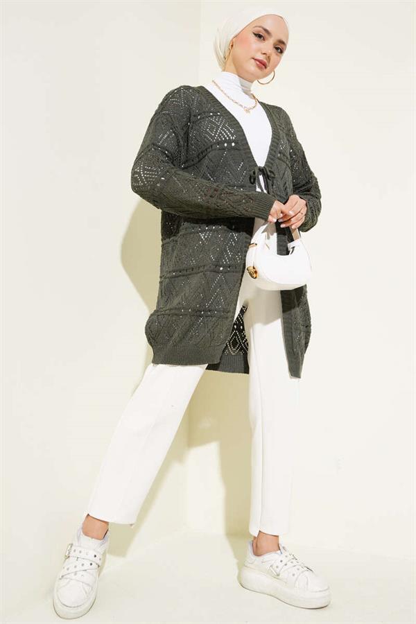Patterned Knit Cardigan with Tie Closure, Khaki