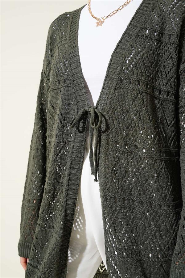 Patterned Knit Cardigan with Tie Closure, Khaki