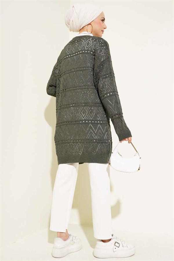 Patterned Knit Cardigan with Tie Closure, Khaki