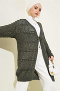 Patterned Knit Cardigan with Tie Closure, Khaki