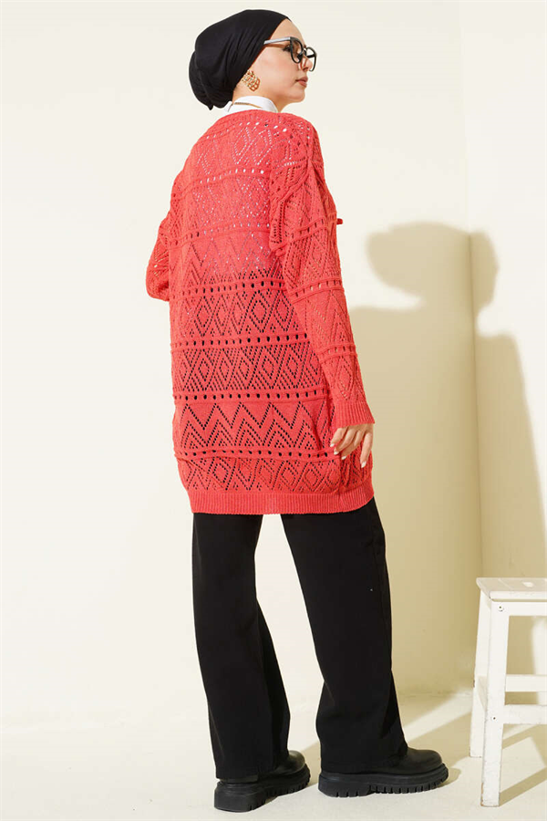 Patterned Knit Cardigan with Tie Closure, Coral