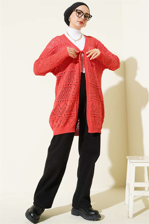 Patterned Knit Cardigan with Tie Closure, Coral