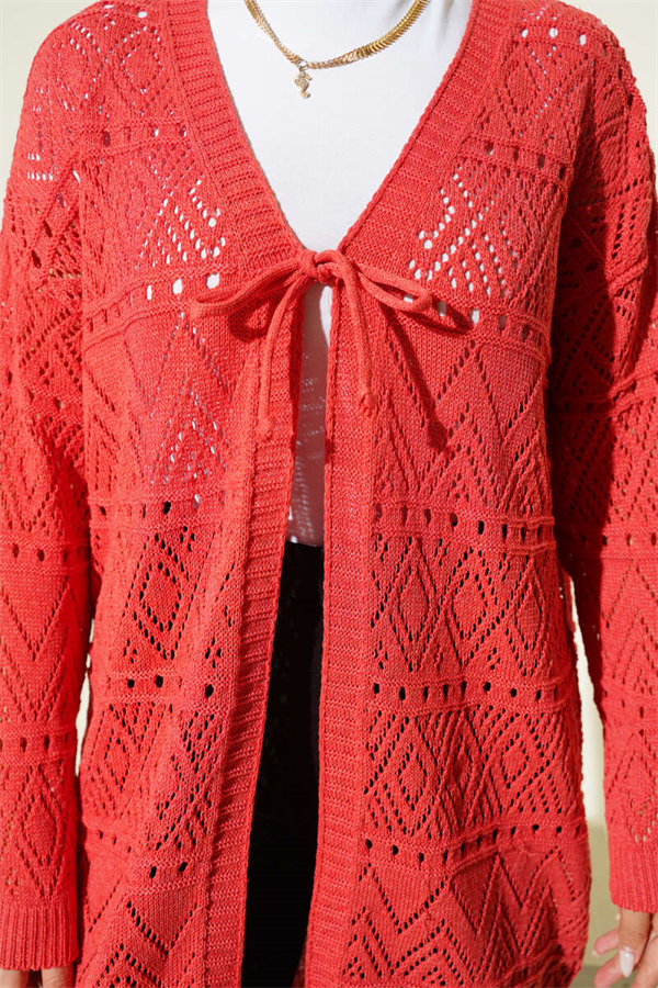Patterned Knit Cardigan with Tie Closure, Coral