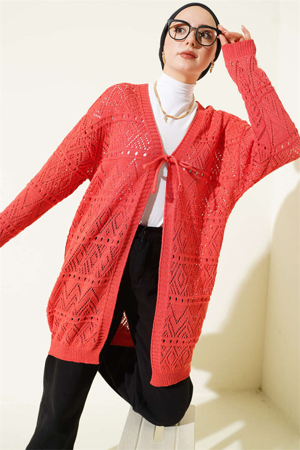 Patterned Knit Cardigan with Tie Closure, Coral