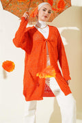 Patterned Knit Cardigan with Tie Closure, Orange
