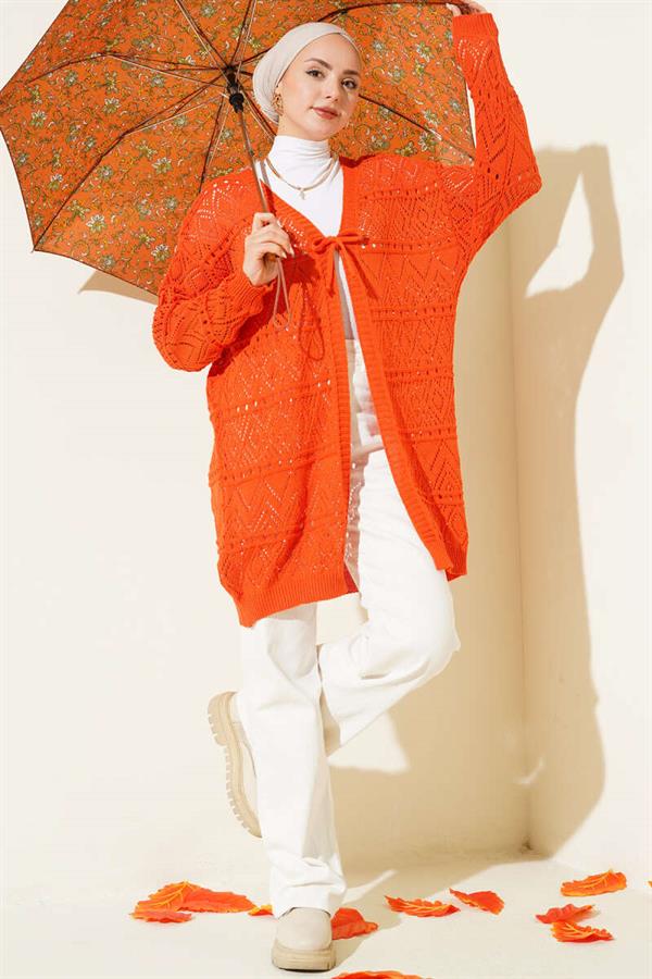 Patterned Knit Cardigan with Tie Closure, Orange