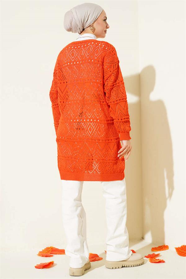 Patterned Knit Cardigan with Tie Closure, Orange