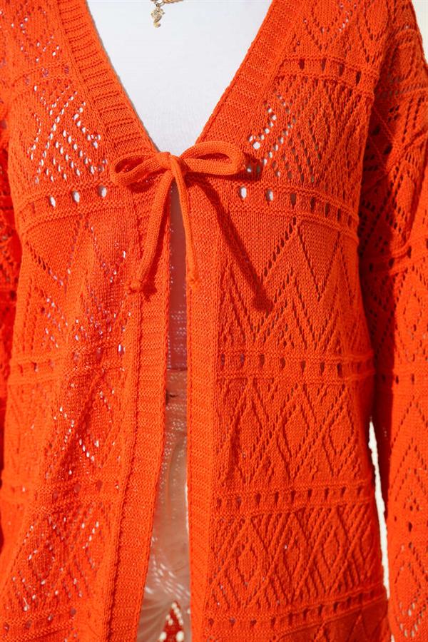 Patterned Knit Cardigan with Tie Closure, Orange