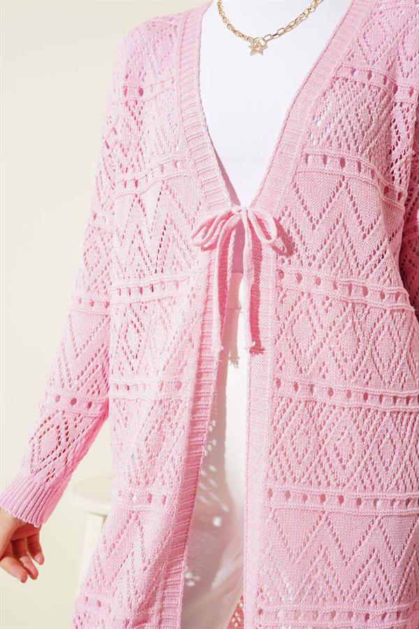 Pink Patterned Knit Cardigan with Tie Back